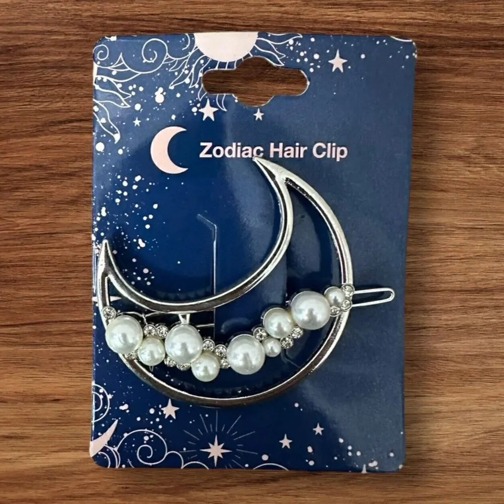 NWT 2 Inch Zodiac Gold Plated Metal Imitation Pearl Half Moon Hair Clip Barrette